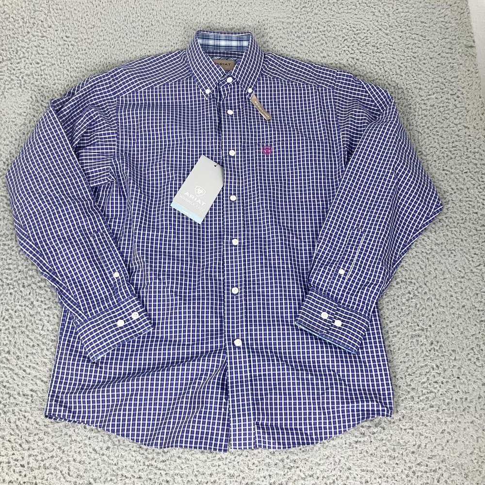 Ariat Shirt Mens Small Blue Check Wrinkle Free Long Sleeve Button Down WF Kaiman
